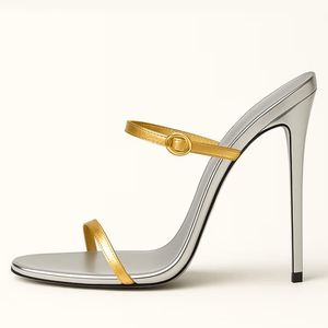 Mules à talons hauts pour femmes, à double bride, bout ouvert, grande taille 45, patchwork de couleurs, chaussures de soirée à coupe large - Product Image 4