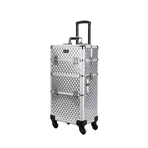 GLARY Large Capacity Makeup Case Trolley High Quality Aluminum Alloy Makeup Case With Trays Portable Makeup Cosmetic Case Box