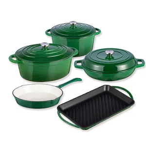 Juego de utensilios de cocina de hierro fundido brillante, fabricante de utensilios de cocina OEM de China, hierro fundido esmaltado verde, juego de Horno Holandés y sartén, 8 Uds.