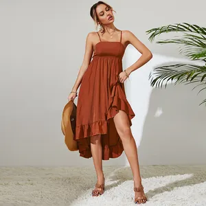 夏季纯色假日沙滩风格女性吊带长裙棕色休闲时尚无袖Midi连衣裙