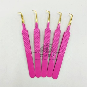 Pinzas para pestañas de acero inoxidable de 90 grados con etiqueta privada, puntas de fibra de Color rosa fuerte y dorado, herramienta de extensión de pestañas - Product Image 2