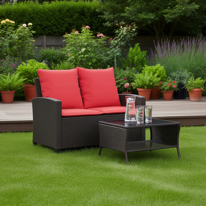 Sofá de patio de 2 plazas con cojines y mesa, juego de jardín de ratán sintético marrón, muebles de exterior - Product Image 2