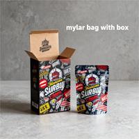 Vente en gros en stock de sacs et boîtes en mylar de 3.5g, emballage de forme spéciale de bonbons découpés à l'emporte-pièce, sacs holographiques préfabriqués en mylar de 3.5 avec boîte