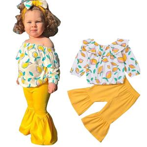 Vêtements pour enfants très demandés : Ensemble 3 pièces pour filles de 2 à 12 ans, comprenant un haut épaules dénudées motif citron et un pantalon évasé - Product Image 1