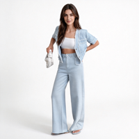 Ensemble deux pièces en denim bleu clair texturé pour femmes, veste cardigan à manches courtes et pantalon large, OEM ODM