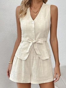 Completo da <span class=keywords><strong>donna</strong></span> in cotone e <span class=keywords><strong>lino</strong></span> russo, elegante, con scollo a V, senza maniche, traspirante, estivo, color kaki, due pezzi - Product Image 5