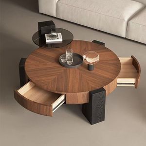 Round Solid Wood Coffee <b>Table</b> With Double <b>Drawers</b> 80x80x36 Cm For Living Room Storage Cabinet - Product Image 4