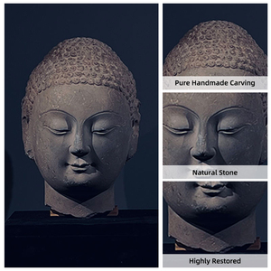 งานแกะสลักหัวพระพุทธรูปแกนดาราโบราณ ทำด้วยมือ ประดับด้วยหินธรรมชาติพร้อมพื้นผิวที่ผ่านการเปลี่ยนแปลงตามสภาพอากาศ เหมาะสำหรับสะสม - Product Image 5