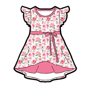 Vestido de Niña con Mangas con Volantes en Tela de Seda Láctea, Vestido Infantil Estampado con Lazo en la Cintura, Vestido de Verano Personalizado OEM ODM para Niñas - Product Image 1