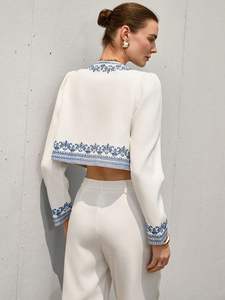 Chaqueta de Lona Ecológica Acolchada con Botones y Bordado Floral Azul Cielo para Mujer, Forro de Algodón, Otoño Invierno, Abrigo Oficial - Product Image 2