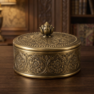 Grande boîte à bibelots artisanale en laiton antique pour le rangement dans le salon, vente en gros depuis Moradabad, Inde - Product Image 3