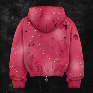 Sudadera con capucha personalizada de 450 g/m² de felpa francesa con cremallera, bordado floral lavado, pedrería y efecto desgastado, estilo urbano, para hombre - Product Image 2