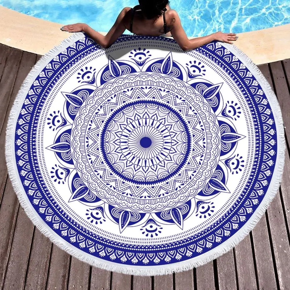 Оптовая продажа, сине-белое круглое пляжное полотенце с цифровым принтом мандалы для плавания
