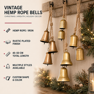 Campana Vintage in Ferro Personalizzata OEM con Corda <span class=keywords><strong>di</strong></span> Iuta, <span class=keywords><strong>Campane</strong></span> Rustiche Placcate per Ghirlande Natalizie, Decorazione per Porte Interne ed Esterne - Product Image 1