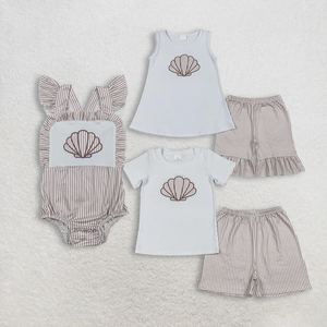 Conjuntos de Ropa a Juego para Hermanos, Bordado de Conchas Marinas, Tema de Playa, Camiseta y Pantalones Cortos para Niñas y Niños - Product Image 1