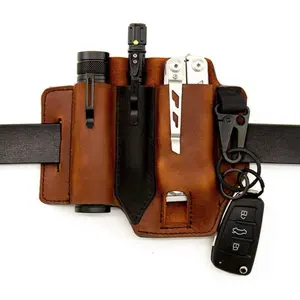 حافظة جلدية للتخييم حقيبة مصباح يدوي للتخييم في الهواء الطلق حقيبة أدوات بغلاف جيب EDC مع حامل مفاتيح