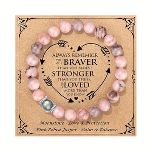 Bracciale con perline a forma di sfera in Pietra di Luna e Diaspro Zebra Rosa, Gioielli Artigianali da Donna per Anniversario - Product Image 1