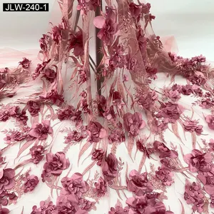 Renda Prancis Bunga 3D Manik-manik Bordir Tulle Renda Gaun Pengantin Kain Pernikahan