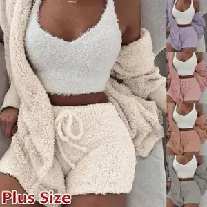 Abbigliamento da casa in peluche invernale da donna pigiama Casual a 3 pezzi pantaloncini a maniche lunghe tuta sportiva indumenti da notte firmati da donna con fascia