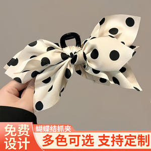 Pinza para el pelo de satén con lazo de lunares grande de 14 CM, elegante, informal, en blanco y negro, de alta calidad para mujer - Product Image 5