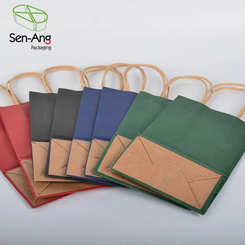 SenAng03 Custom Hairy Machine Made Eco Friendly Lunch Food Handle Green Grade Wholesale Kraft Paper Cloth Gift Bags