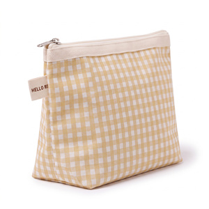 Gingham Trapezoid <b>Makeup</b> Pouch Canvas Bound Top Cosmetic Bags & <b>Cases</b> Zip Custom Logo OEM BSCI - Product Image 6