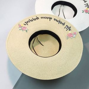 Factory Wholesale Floable Natural <b>Flat</b> Brim Straw <b>Hat</b> Handmade Embroidery Straw <b>Hat</b> - Product Image 5