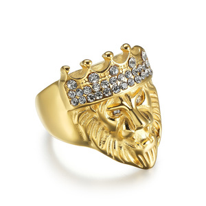 Crown Lion Head Men's <b>Ring</b> <b>Titanium</b> Steel Plated 18K Gold Diamond Inlaid Hip Hop Jewelry Gift - Product Image 5