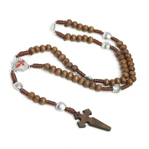 Risingmoon – collier croix de San Diego en perles tissées, chapelet religieux, bijoux collier catholique en bois naturel