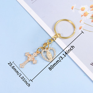 Porte-clés de luxe en forme de cœur avec strass et perles, pendentif croix Vierge Marie pour femme, porte-clés de voiture doré, porte-clés de sac à dos - Product Image 4