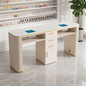 Mesa de Manicura Doble de Lujo con Colector de Polvo Incorporado, Estación de Manicura Moderna con Patas de Columna Romana y Detalles Dorados para Salón de Belleza - Product Image 1