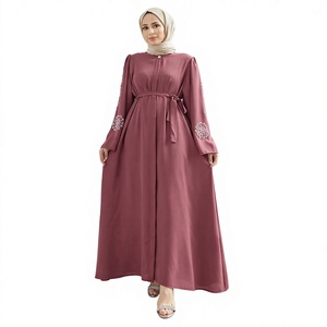 Women Muslim Breathable Polyester Abaya Beaded Floor Length <b>Long</b> Sleeve Modest Islamic <b>Eid</b> Ramadan Daily Wear - Product Image 1