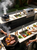 Isla de Cocina para Exteriores con Parrilla de Gas Integrada, Carrito Impermeable de Acero Inoxidable para Jardín, Patio, Barbacoa y Actividades al Aire Libre