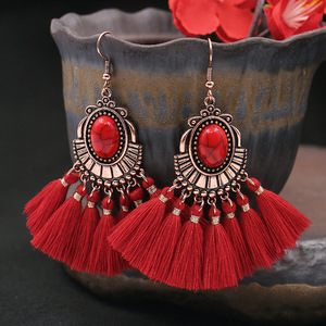 Red <b>Tassel</b> <b>Earrings</b> Chinese Style Bohemian Ethnic Fashion For Wedding New Year Adult Polyester Clip On - Product Image 3