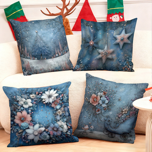 Gối trang trí Giáng sinh màu xanh với họa tiết bông tuyết, hoa và xe trượt tuyết, tạo không khí lễ hội ấm cúng cho phòng khách trong ngày lễ. - Product Image 1