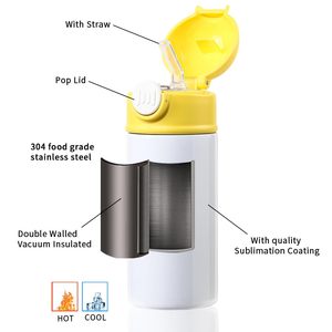 Botellas de agua para niños sublimables, 12 oz, rectas y delgadas, con tapa de colores variados para vasos infantiles. - Product Image 2