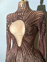 Body de scène sexy pour femme, personnalisé en usine, style Drag Queen, en maille à pampilles, avec découpes soleil et strass or rose