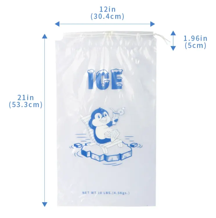 Custom Printed Heavy Duty Plastic Ice Cube Bag with Cotton Drawstring Ice Bags