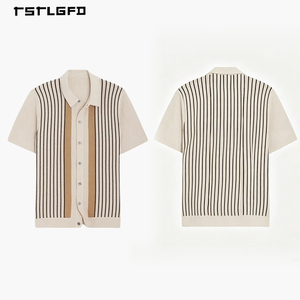 เสื้อโปโลถักลายทางแนวตั้งสำหรับผู้ชาย ติดกระดุมเต็มตัว สีครีมแทน ดำ ตัดกันสไตล์ Old Money เหมาะสำหรับใส่ในช่วงฤดูร้อนและวันหยุดพักผ่อน - Product Image 4