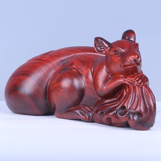 Rosewood carved mouse figurine - Large size - Chinese zodiac mouse handicraft - Home decor for living room - Artistic display it