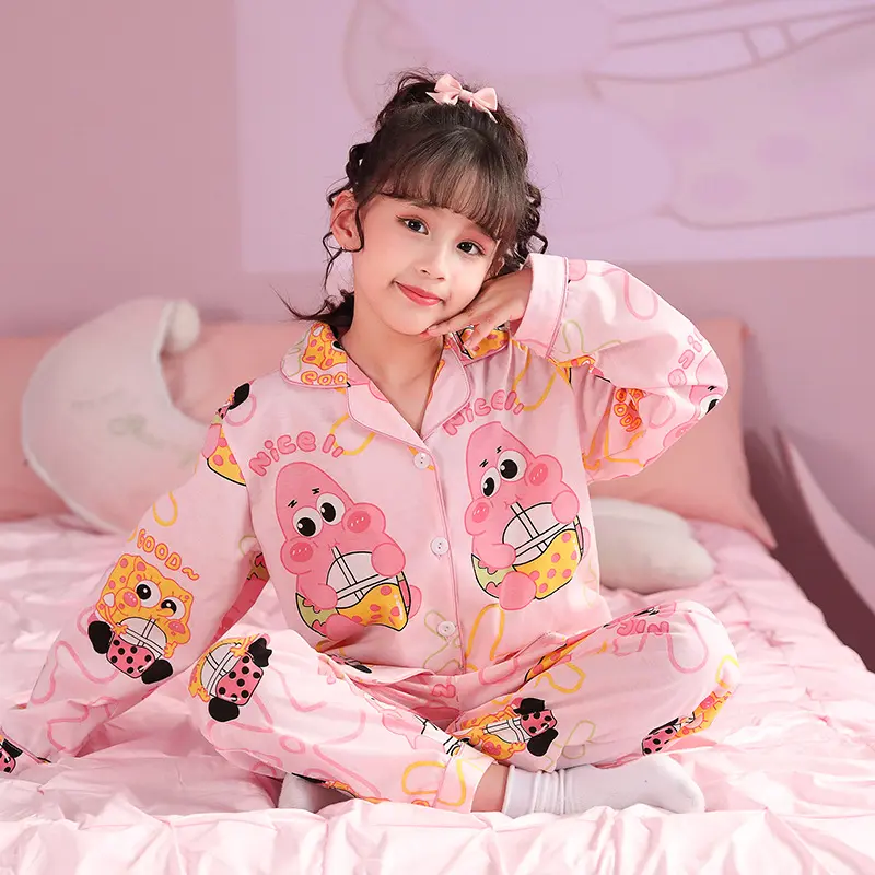 Mùa xuân mùa thu cô bé phim hoạt hình trẻ em đồ ngủ dài tay chải bông trẻ em cô gái Homewear đặt trẻ em cô gái đồ ngủ