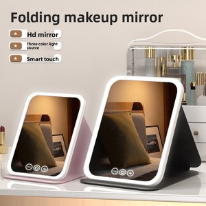 LED Foldable Portable Single-Sided Makeup Mirror with Light Rectangle Shape Plastic Frame for Desktop Dormitory & Office Use
