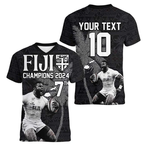2024 Camiseta con cuello en V de Fiji Rugby para <span class=keywords><strong>mujer</strong></span> Custom Pacific Champions Anniversary 7 Titles Tapa Hibiscus Black con Alibab - Product Image 3