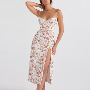 Robe longue fendue à col en V sexy, coupe classique, imprimé floral numérique vintage, en dentelle naturelle, vente en gros d'été - Product Image 5