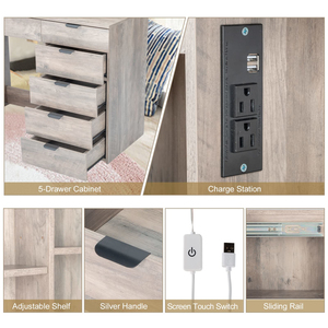 <b>Vanity</b> Desk with Sliding <b>Mirror</b> & <b>Lights</b> Charging Station Drawers, Farmhouse Modern Makeup Set Stool for Bedroom - Product Image 3