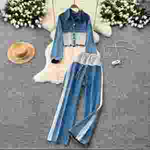 Casual Autumn Woven 2-Piece Set for Women <b>Top</b> and High Waist <b>Patchwork</b> Midi Denim Jogging Suits Wholesale - Product Image 1