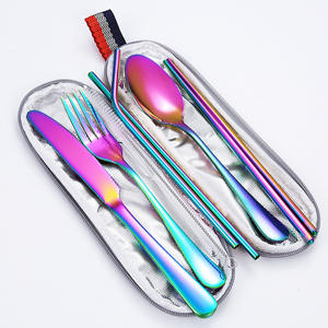 Kunden spezifisches Logo Reise utensilien Wieder verwendbares tragbares Reisebesteck-Set 7-teilig inklusive Messer gabel Löffel Essstäbchen Stroh bürste - Product Image 3