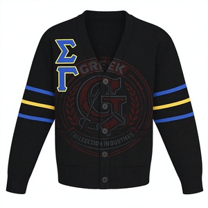 Suéter de Mujer Sigma Gamma R, Cárdigan Tejido con Cuello en V, Manga Larga, Letras Griegas Bordadas, Rayas Negras, Azules y Amarillas - Product Image 1