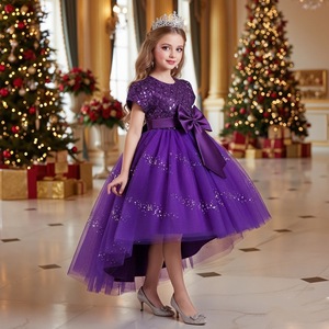Robes à fleurs de style européen pour filles de 10 ans, robe de mariée brillante pour fille avec un grand nœud, robe de mariée à longue traîne à paillettes - Product Image 1