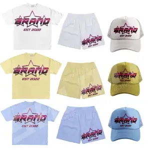 Conjunto de camiseta y pantalones cortos de verano para hombre, chándales con estampado de dos piezas de peso pesado, trajes para correr de algodón 100% con sombrero
